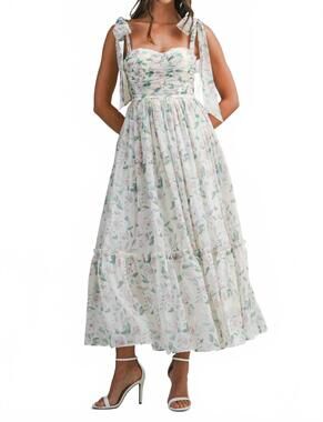 NEW MABLE floral bust ruched midi dress with shoulder tie in cream